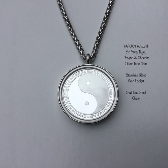 Yin Yang Taijitu Silver Tone Coin & Glass Stainless Locket 60cm Stainless Chain - Picture 9 of 10